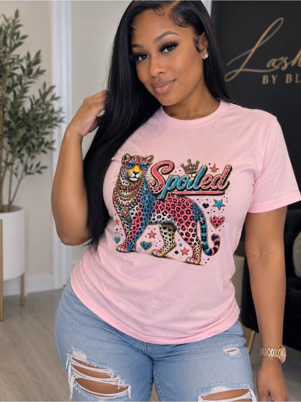 Pink 'Spoiled' Graphic Tee with Leopard Design